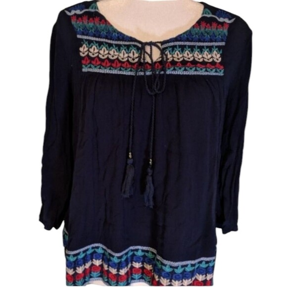 Solitaire Women's Top Blouse Peasant Smock Navy Boho Embroidered Tassels Size L - Picture 9 of 10